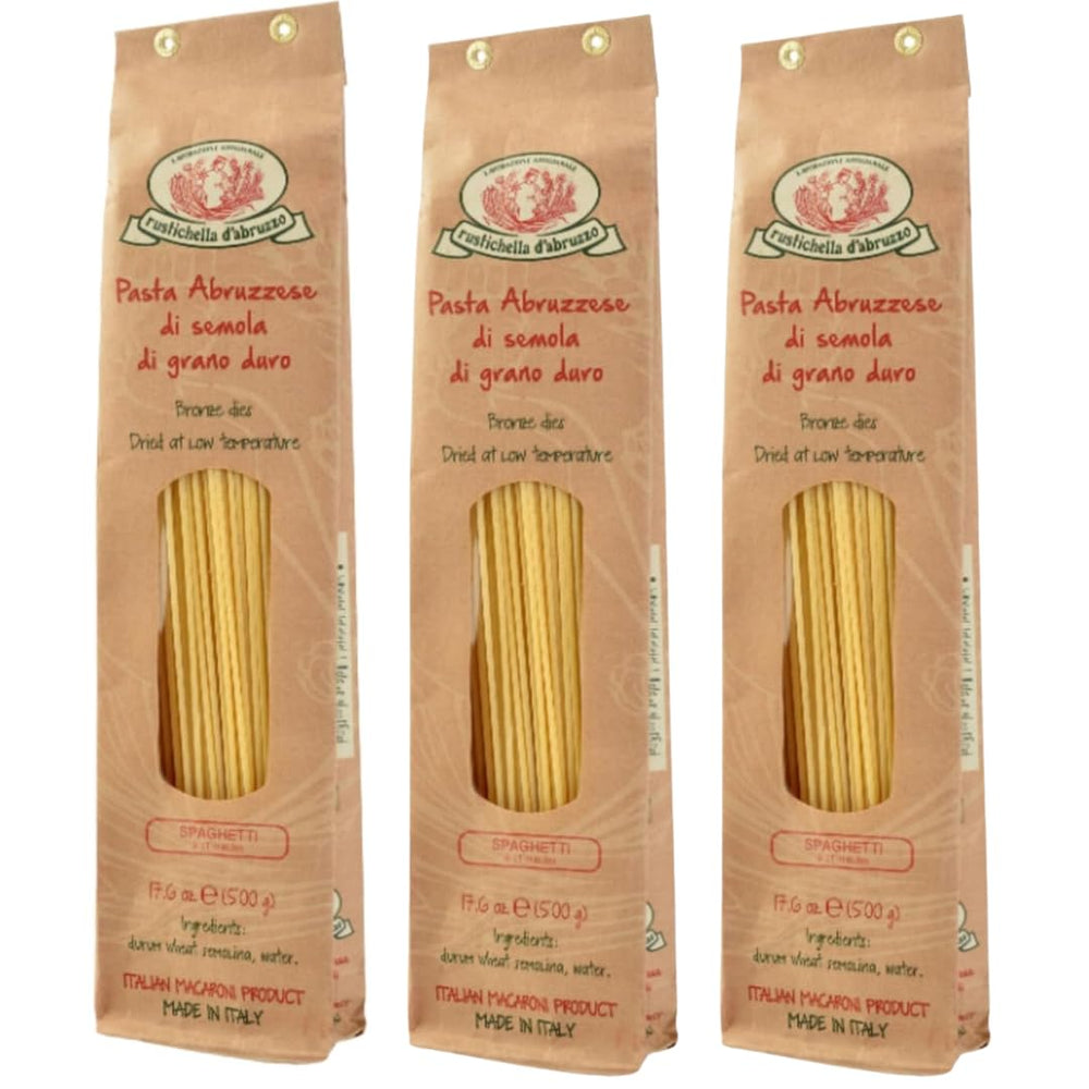 Rustichella d'Abruzzo front packaging showing three 500g packs and premium look