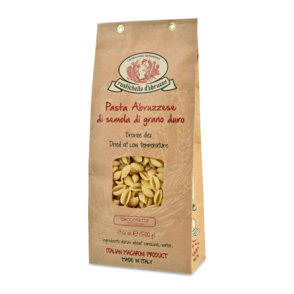 Rustichella d'Abruzzo front packaging showing 500g gnocchette and authentic branding, highlights quality
