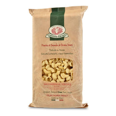Rustichella d'Abruzzo front packaging showing bell-shaped torchio pasta benefit: authentic Italian quality