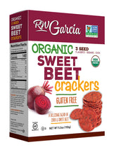 RW Garcia front box showing organic sweet beet crackers and colorful packaging benefit convenience