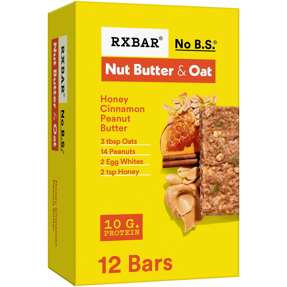 RXBAR front packaging showing honey cinnamon peanut butter flavor and shelf-ready convenience
