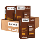 RXBAR front packaging showing peanut butter chocolate flavor and box benefits