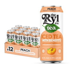 The Ryl Co peach can front view showing label and vibrant peach color benefit: clear flavor recognition