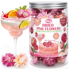 Rylenor jar of pink dried strawflowers showing sealed packaging and organized storage benefit