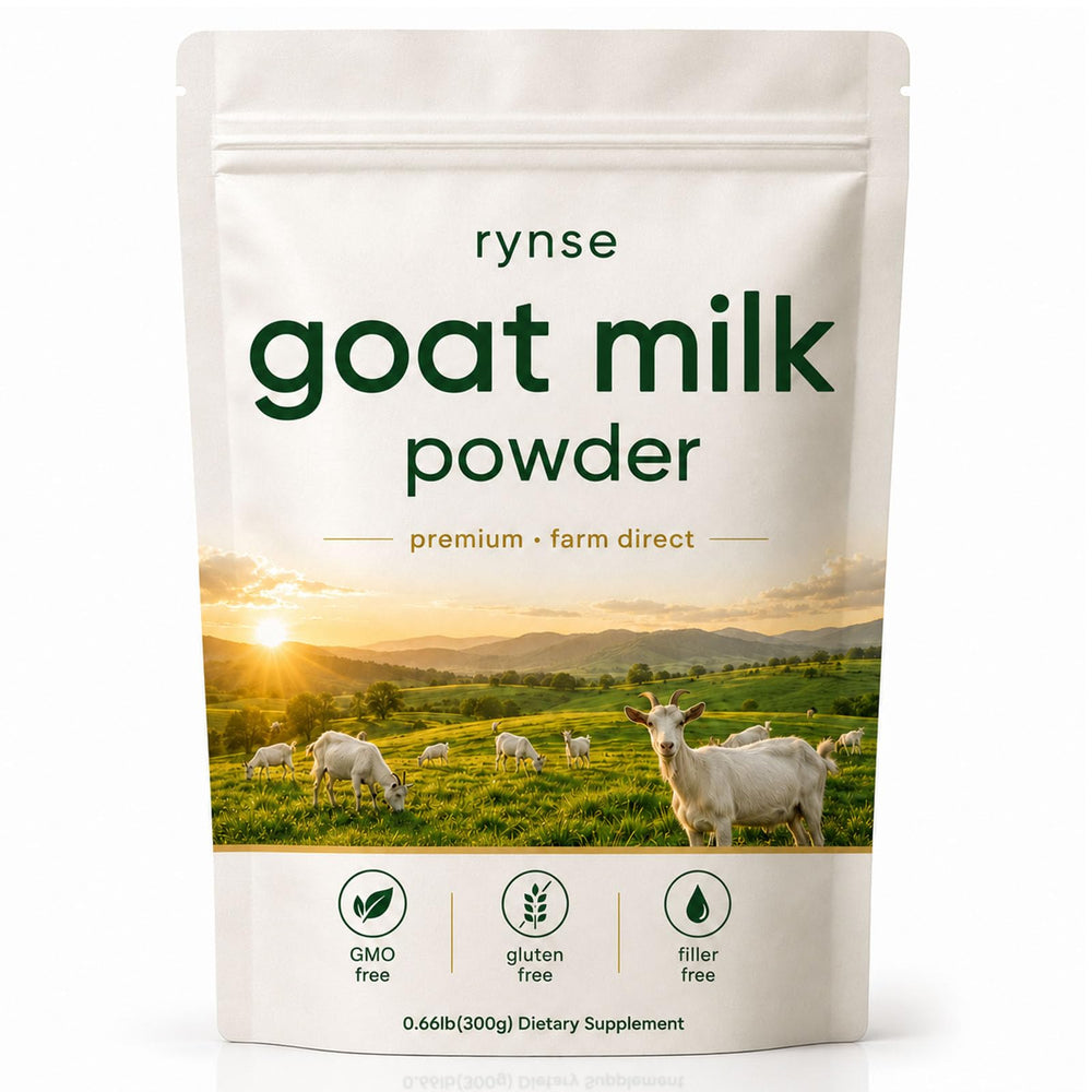 RYNSE front packaging of 300g goat milk powder showing product benefits and branding