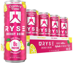 RYSE Up Supplements front can showing pink lemonade flavor and benefits