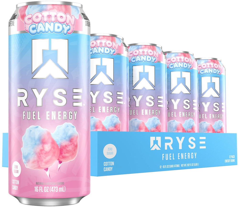 RYSE Up Supplements front can view showing cotton candy flavor and clean formula