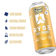 RYSE Up Supplements poured into glass illustrating clear cream soda taste
