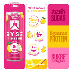 RYSE Up Supplements open can top view showing refreshing pink lemonade drink