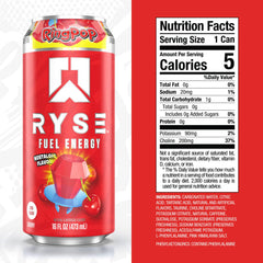 RYSE Up Supplements label close-up highlighting 200mg caffeine and ingredients