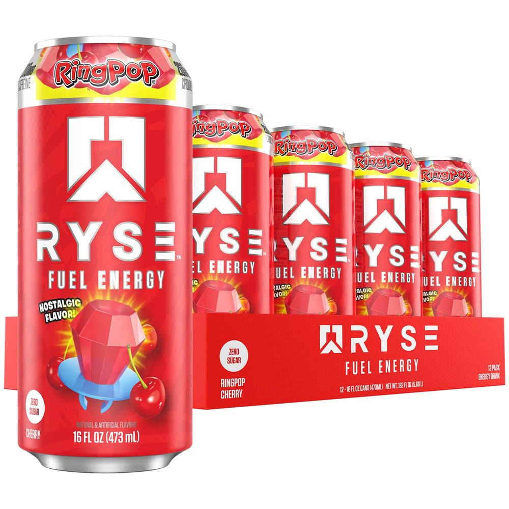 RYSE Up Supplements front can view showing ring pop cherry flavor and benefits