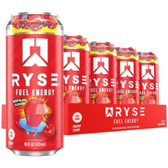 RYSE Up Supplements front can view showing ring pop cherry flavor and benefits