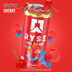 RYSE Up Supplements poured into glass showing refreshing cherry color and fizz