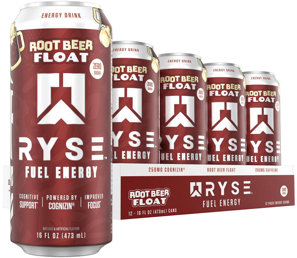 RYSE Up Supplements front can showing root beer float branding and benefits