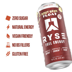 RYSE Up Supplements pouring into glass illustrating creamy root beer float flavor
