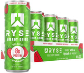 RYSE Up Supplements front can showing strawberry watermelon flavor and benefits