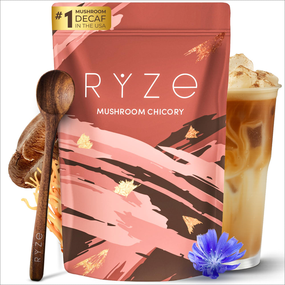 RYZE SUPERFOODS jar front packaging showing product name and serving count, clear benefit of decaf alternative