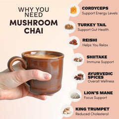 RYZE SUPERFOODS brewed mushroom chai in a mug offering warming daily comfort