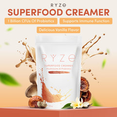 RYZE SUPERFOODS probiotic creamer on a spoon showing creamy texture and digestive support