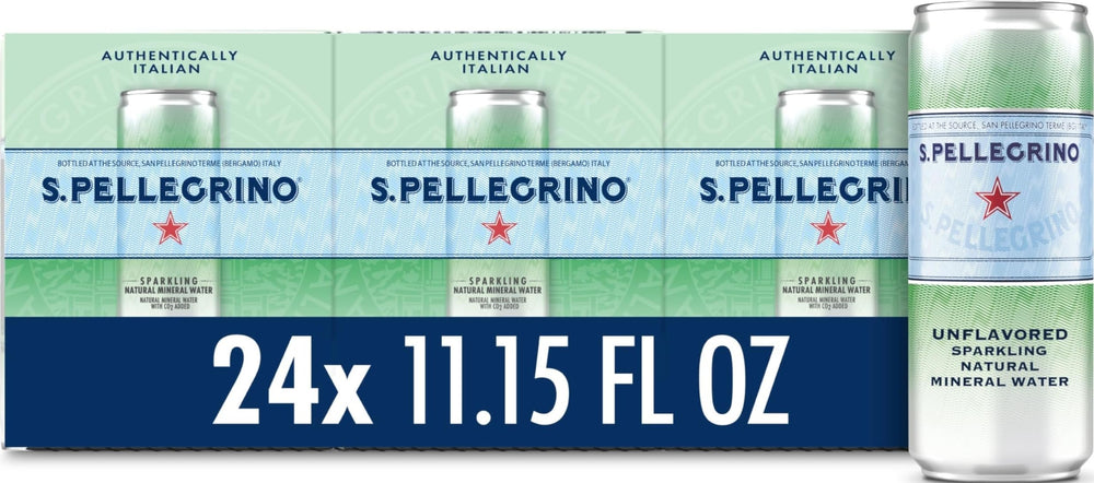 S.Pellegrino can front view showing branding and crisp design, ideal for gifting