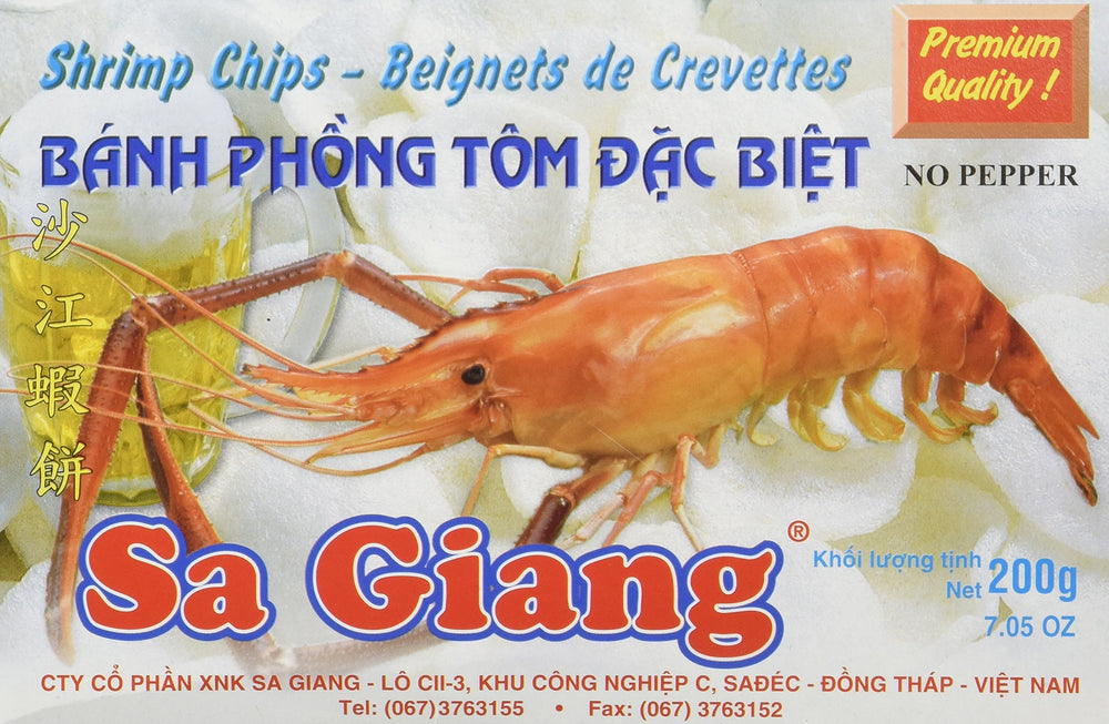 Sa Giang front packaging showing three shrimp chip packs and clear labeling for easy storage