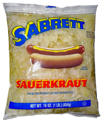 Sabrett front packaging showing pushcart style shredded sauerkraut for easy topping