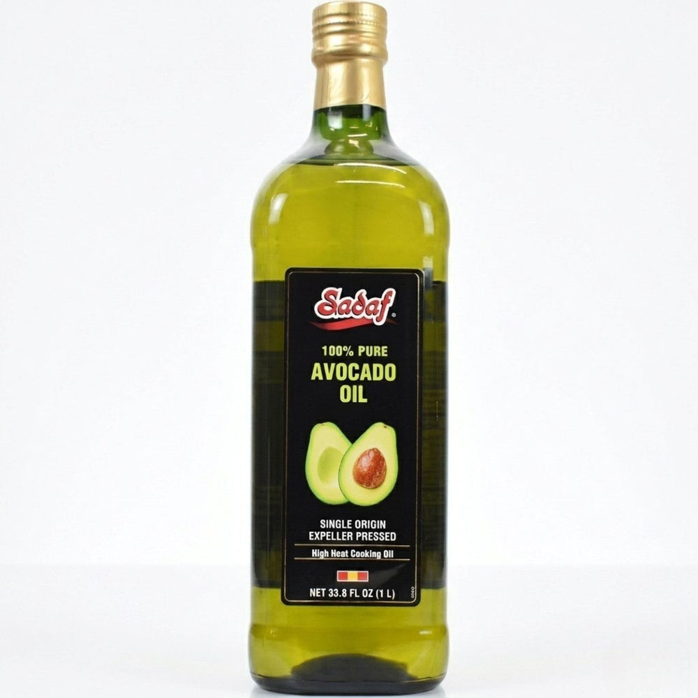 Sadaf avocado oil front glass bottle showing clear labeling and glass benefit