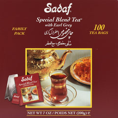Sadaf front pack showing 100 tea bags and clear branding for convenient storage