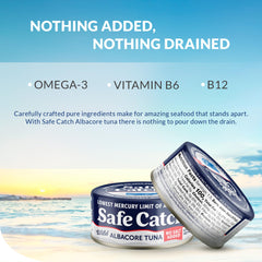 Safe Catch nutrition label and ingredients panel showing protein and testing