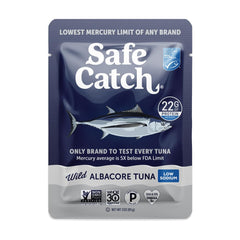 Safe Catch front packaging showing 3oz pouch and low sodium benefit