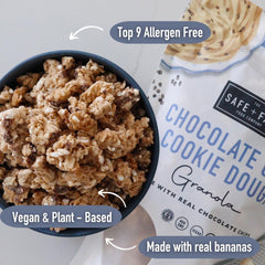 The Safe + Fair open pouch with spoon and plant milk illustrating serving ease