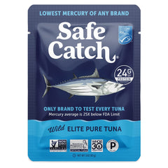 Safe Catch open pouch revealing pure tuna with high-protein benefit displayed