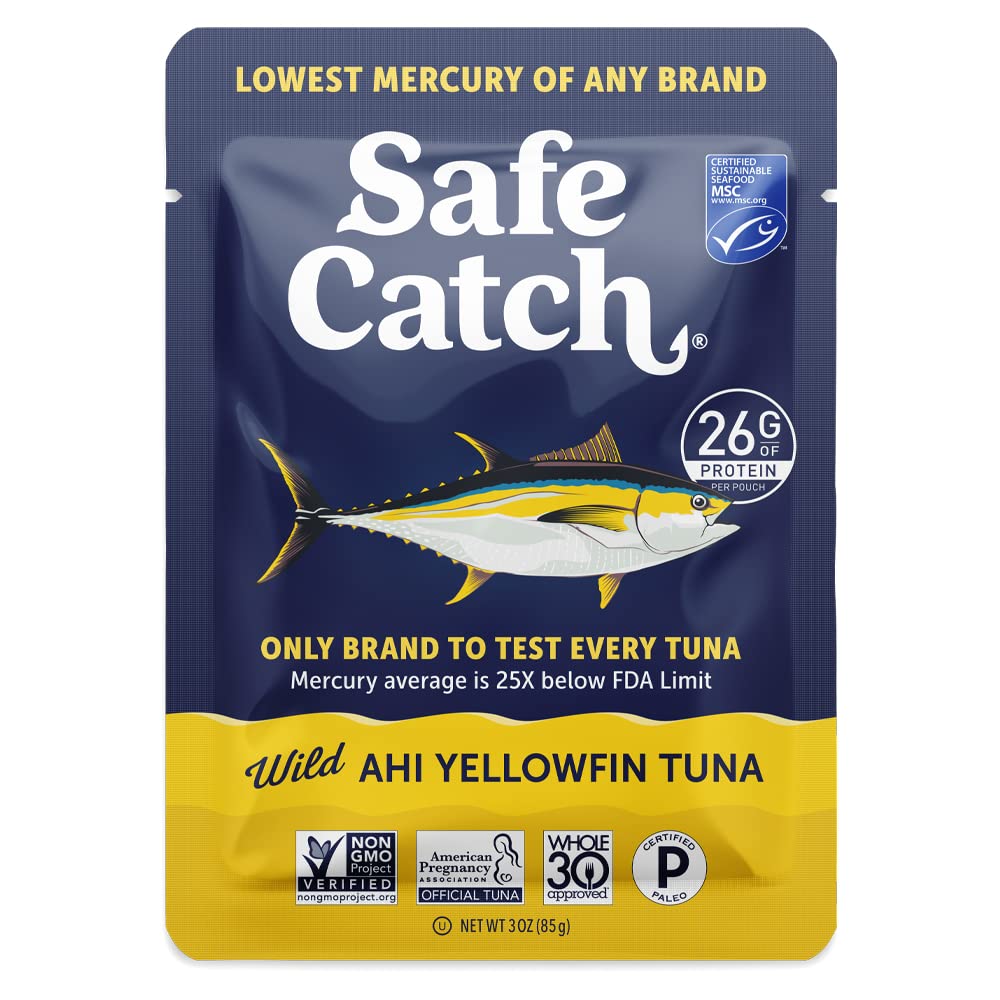 Safe Catch front packaging 3oz pouch showing label and benefit of low mercury