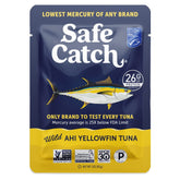 Safe Catch front packaging 3oz pouch showing label and benefit of low mercury