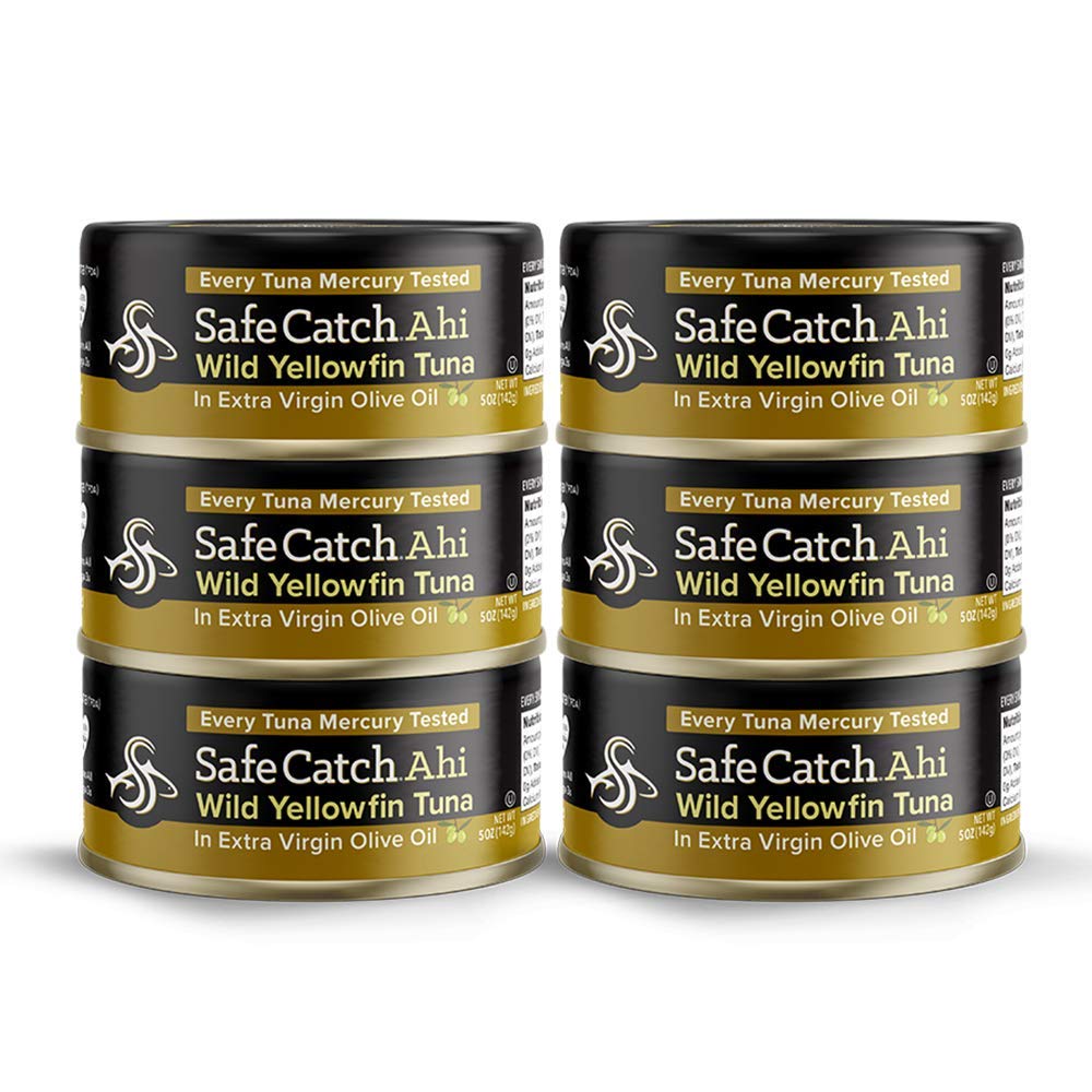 Safe Catch front packaging 6-pack showing cans and branding, highlights convenience