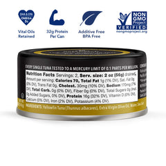 Safe Catch pouring extra virgin olive oil from can, preserves flavor and moisture