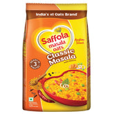 Saffola front pack showing Classic Masala and 500 g size, clear benefit fast meal