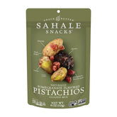 Sahale Snacks front packaging showing pomegranate pistachios and resealable pouch benefit convenience