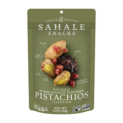 Sahale Snacks front packaging showing pomegranate pistachios and resealable pouch benefit convenience