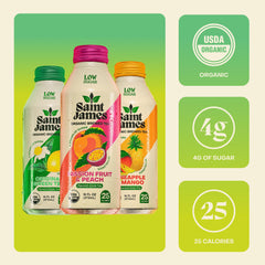 Saint James close-up of label highlighting organic and low sugar benefits