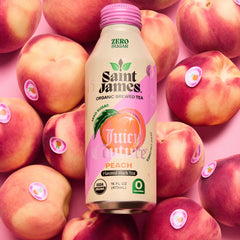 Top of Saint James Juicy Peach aluminum can showing pull-tab and freshness-sealing benefit