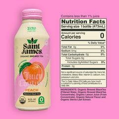 Close-up of Saint James Juicy Peach can label highlighting organic Assam tea and limited-edition collab