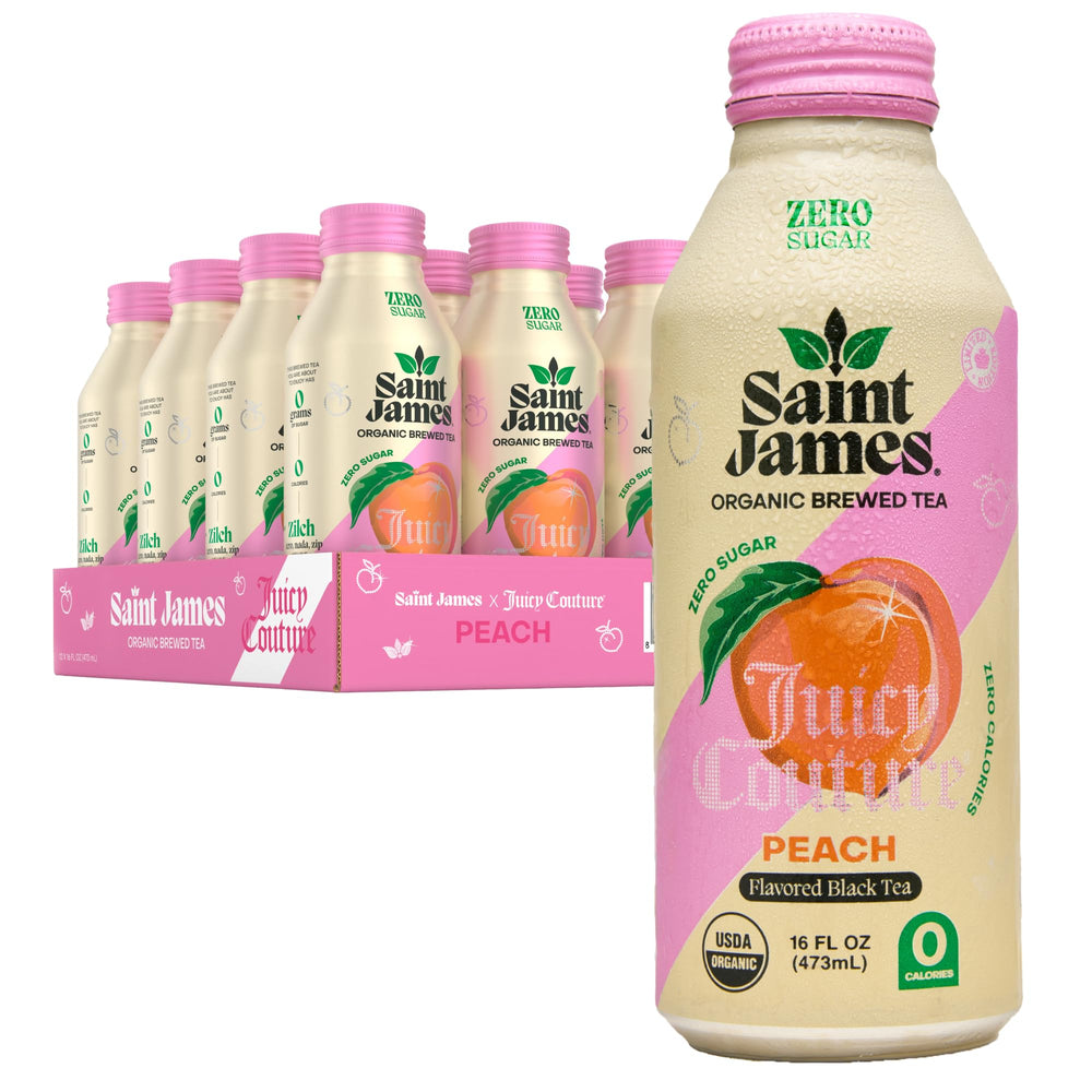 Saint James can front view showing Juicy Peach branding and vibrant design for instant recognition