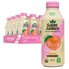 Saint James can front view showing Juicy Peach branding and vibrant design for instant recognition