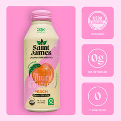 Twelve-pack of Saint James Juicy Peach cans grouped together for easy stocking and sharing