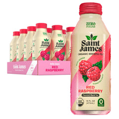 Saint James front packaging of 12-pack showing vibrant raspberry design and recyclable cans benefit