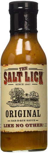 Salt Lick bottle front label showing brand and original sauce benefit