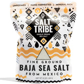 Salt Tribe front packaging showing 15 oz Baja sea salt, highlights purity