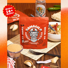 SAMABILA seasoning in a hot stir-fry pan, brand enhancing savory depth in dishes