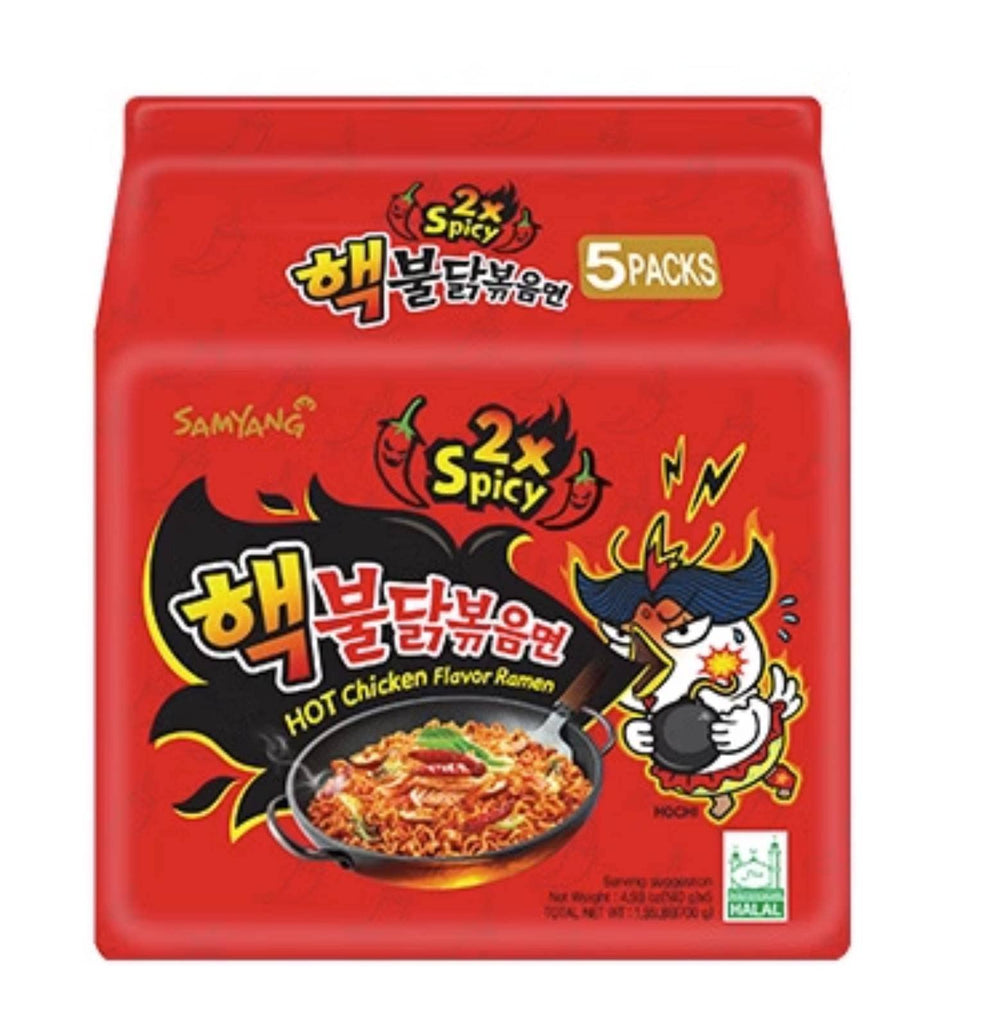 SAMYANG front packaging showing 5-pack and spicy ramen appeal